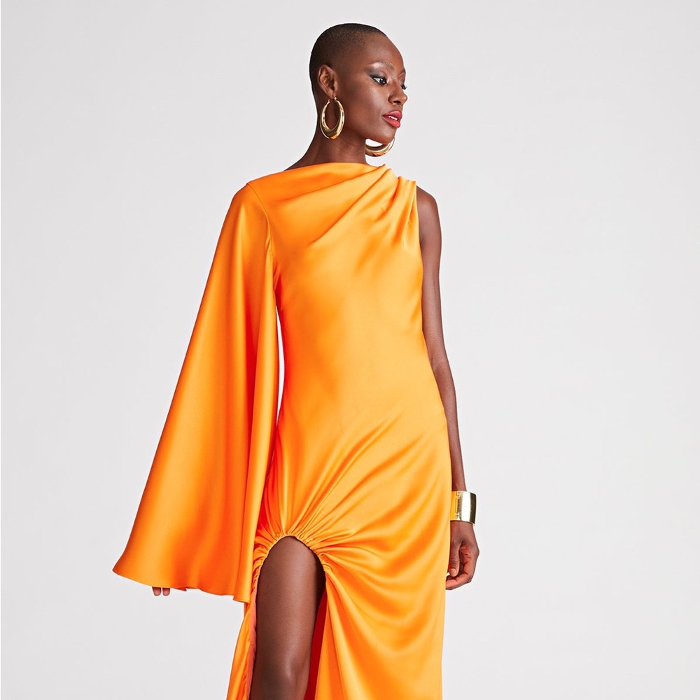Halston Heritage “Keiana” asymmetrical satin gown
